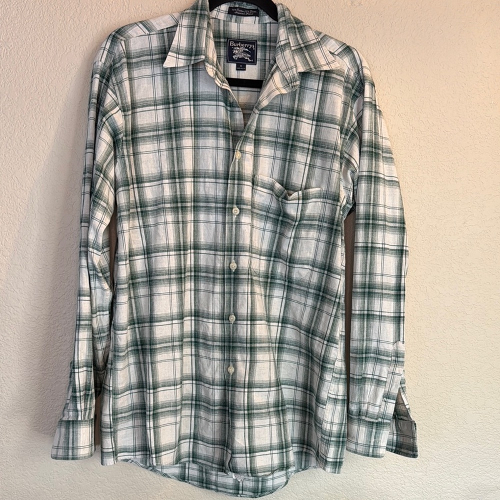 Vintage Burberry’s Green and White Plaid Men's Shirt